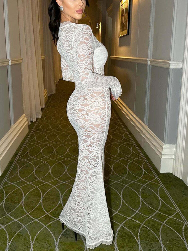 Coquette Aesthetic Lace Dress with Square Neck and Long Sleeves
