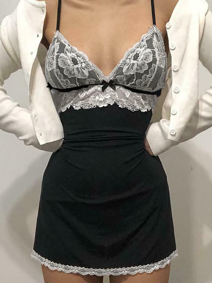 Coquette Aesthetic Lace Panel Mini Bodycon Dress - Y2K Fashion Statement