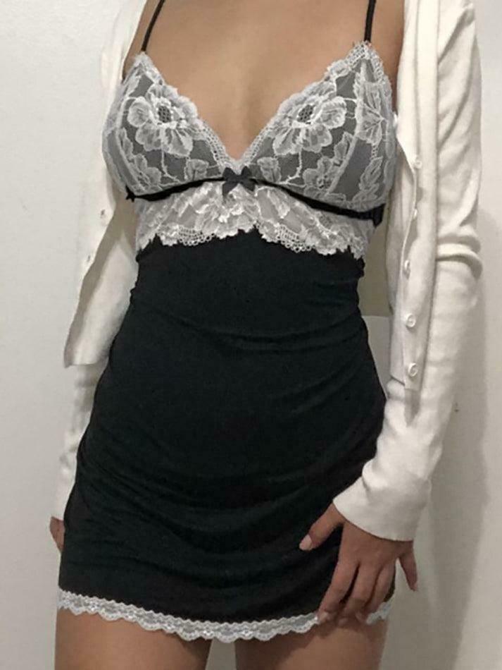 Coquette Aesthetic Lace Panel Mini Bodycon Dress - Y2K Fashion Statement