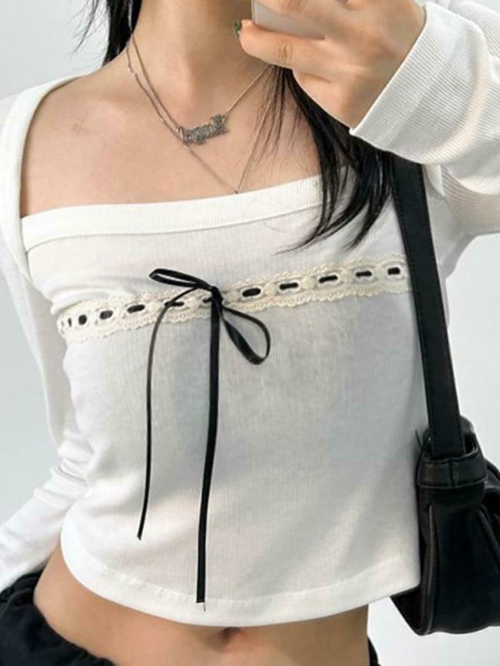 Coquette Aesthetic Lace Panel Square-Neck Crop Top with Bow Accent
