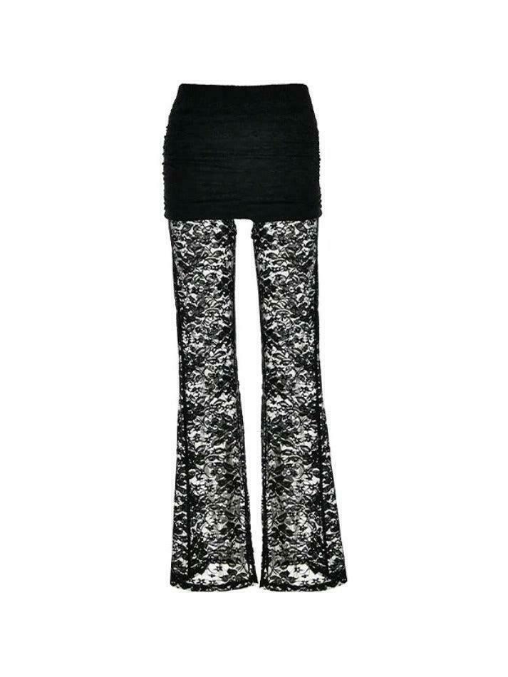 Coquette Aesthetic Lace Splice Cargo Skirt for Women - Y2K Fashion High Rise Flare Leg Pants