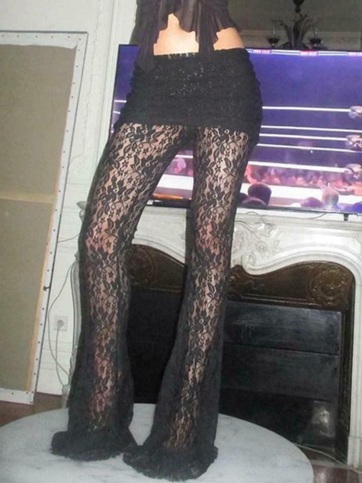 Coquette Aesthetic Lace Splice Cargo Skirt for Women - Y2K Fashion High Rise Flare Leg Pants