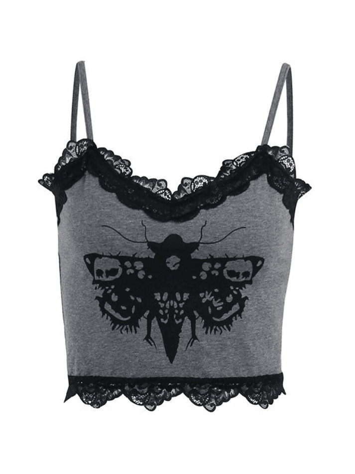 Coquette Aesthetic Lace Trim Moth Print Crop Cami - Y2K Fashion Grunge Style