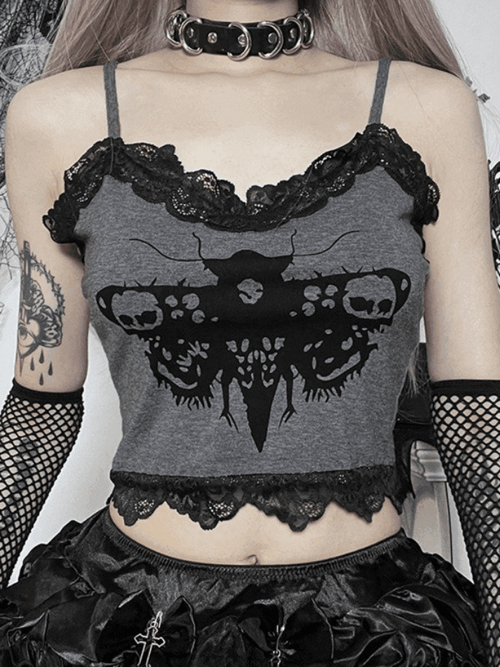Coquette Aesthetic Lace Trim Moth Print Crop Cami - Y2K Fashion Grunge Style