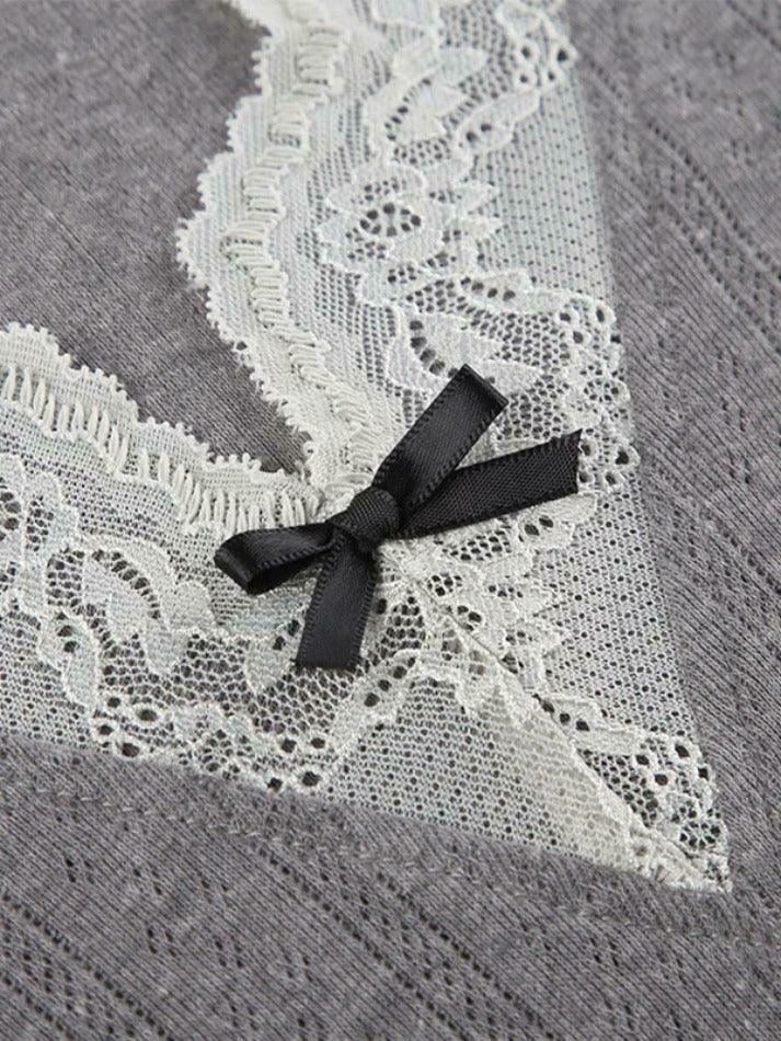 Coquette Aesthetic Lace Trim Splice V Neck Long Sleeve Knit Sweater
