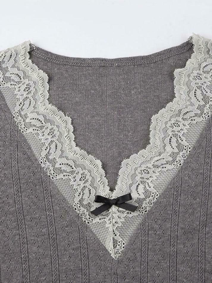Coquette Aesthetic Lace Trim Splice V Neck Long Sleeve Knit Sweater