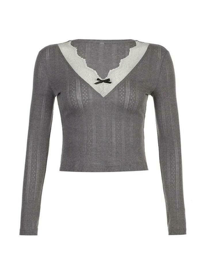 Coquette Aesthetic Lace Trim Splice V Neck Long Sleeve Knit Sweater