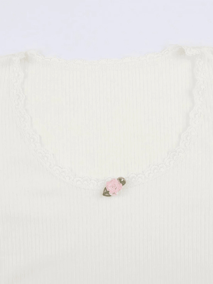 Coquette Aesthetic Lace Trim White Ribbed Knit Top - Y2K Fashion for Women