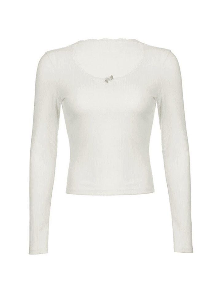 Coquette Aesthetic Lace Trim White Ribbed Knit Top - Y2K Fashion for Women
