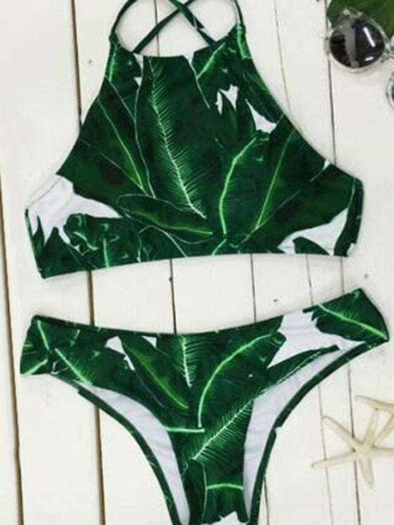 Coquette Aesthetic Leaf Print Bikini Set - Y2K Fashion Swimwear