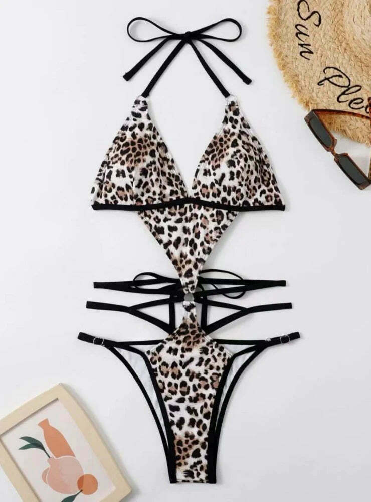 Coquette Aesthetic Leopard Print Drawstring Bikini - Y2K Fashion Swimwear