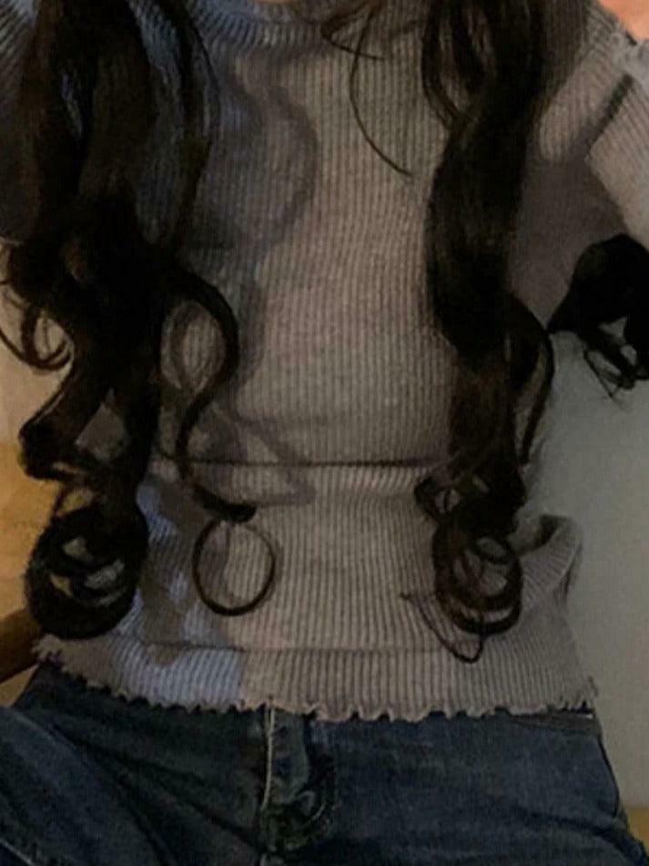 Coquette Aesthetic Lettuce Trim Mock Neck Knit Sweater for Y2K Fashion Enthusiasts