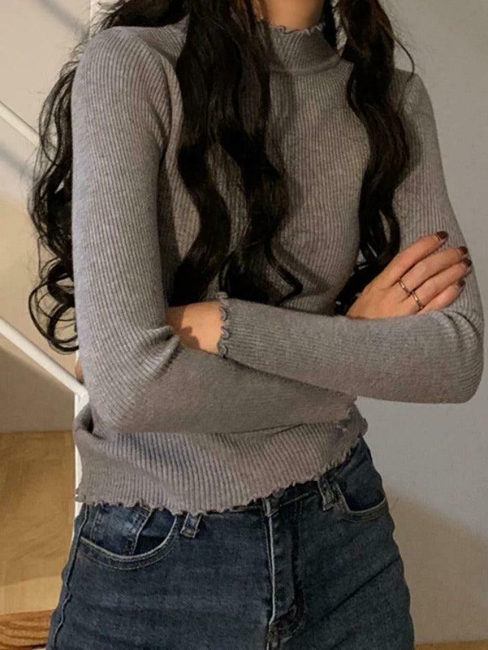 Coquette Aesthetic Lettuce Trim Mock Neck Knit Sweater for Y2K Fashion Enthusiasts