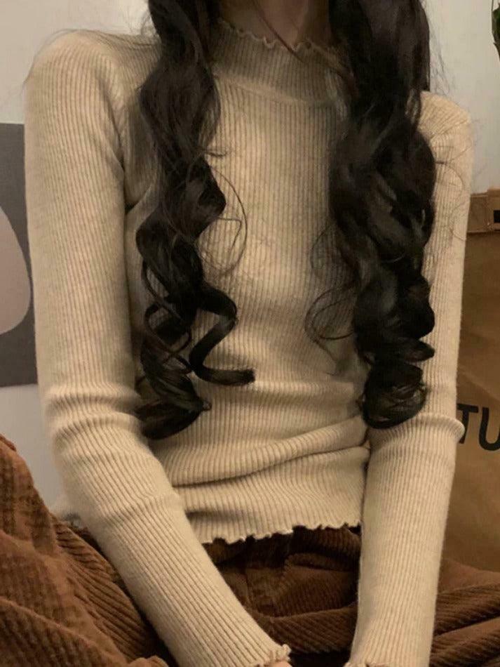 Coquette Aesthetic Lettuce Trim Mock Neck Knit Sweater for Y2K Fashion Enthusiasts