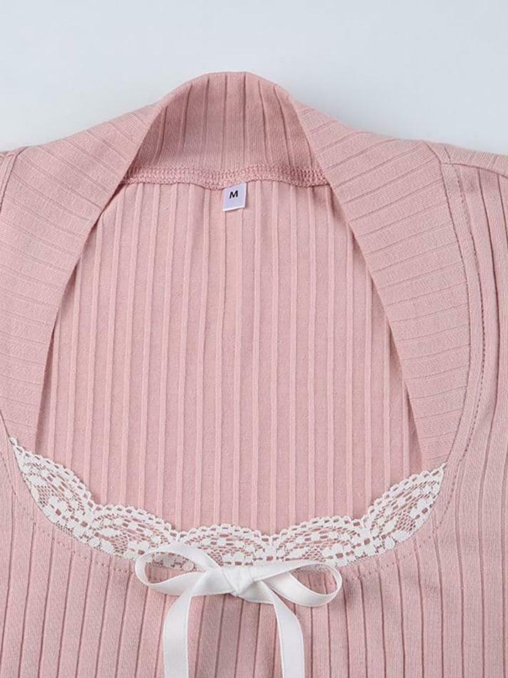 Coquette Aesthetic Long-Sleeve Lace Trim Knit Top with Bow Detail