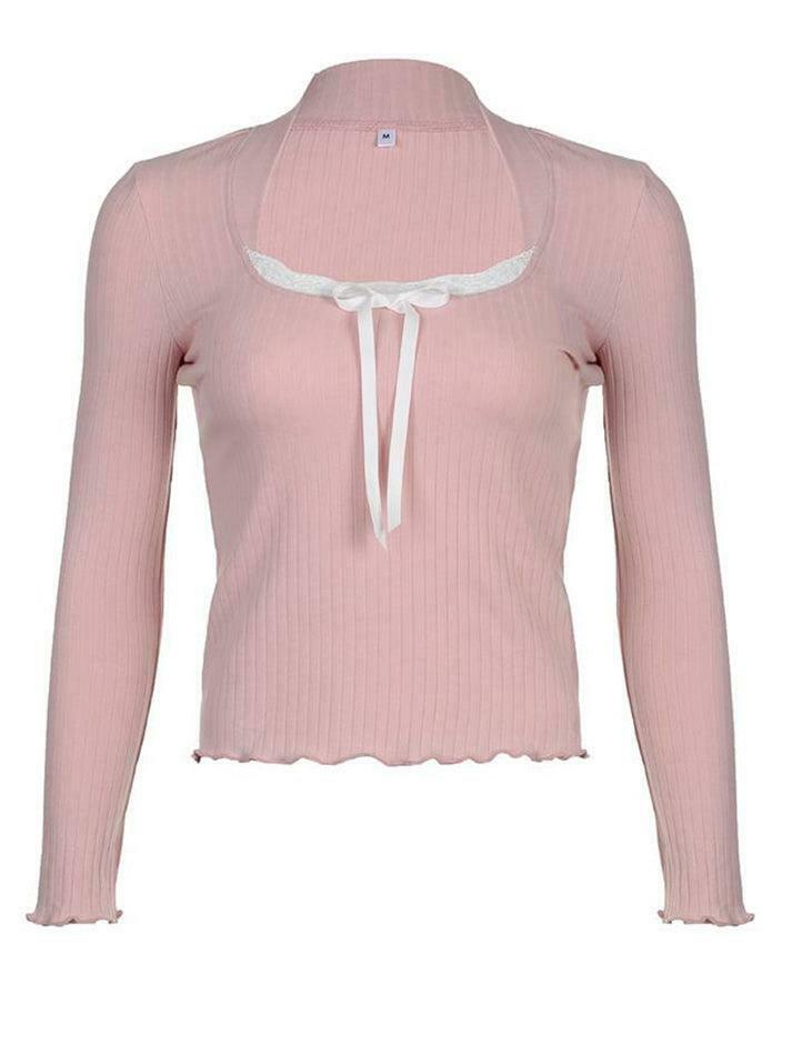 Coquette Aesthetic Long-Sleeve Lace Trim Knit Top with Bow Detail