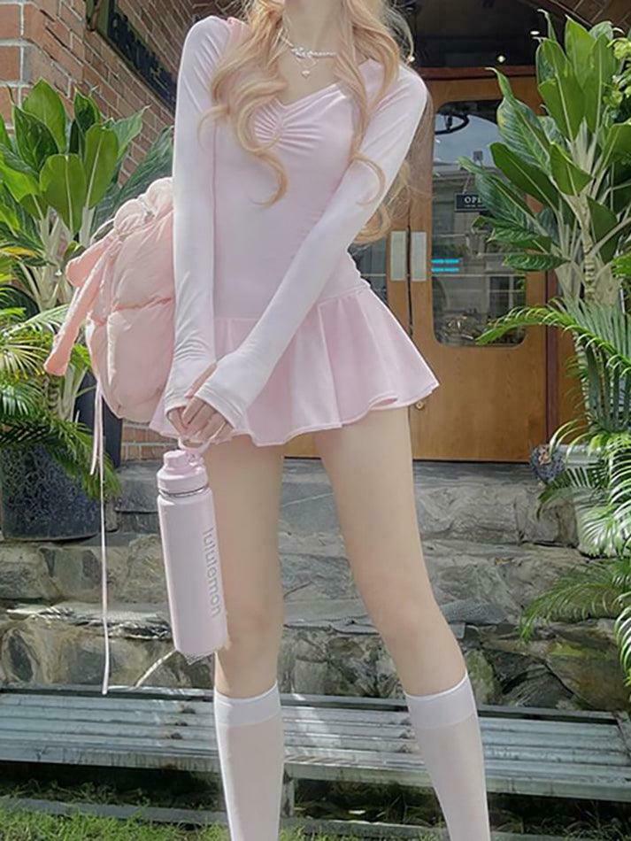 Coquette Aesthetic Long Sleeve V-Neck Ruched Mini Dress with Ruffled Hem