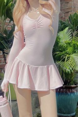 Coquette Aesthetic Long Sleeve V-Neck Ruched Mini Dress with Ruffled Hem