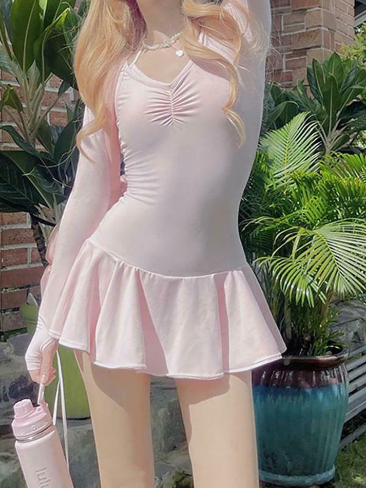 Coquette Aesthetic Long Sleeve V-Neck Ruched Mini Dress with Ruffled Hem
