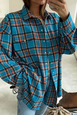 Coquette Aesthetic Loose Plaid Jacket Lapel Long-Sleeved Shirt for Women - Y2K Fashion Grunge Style
