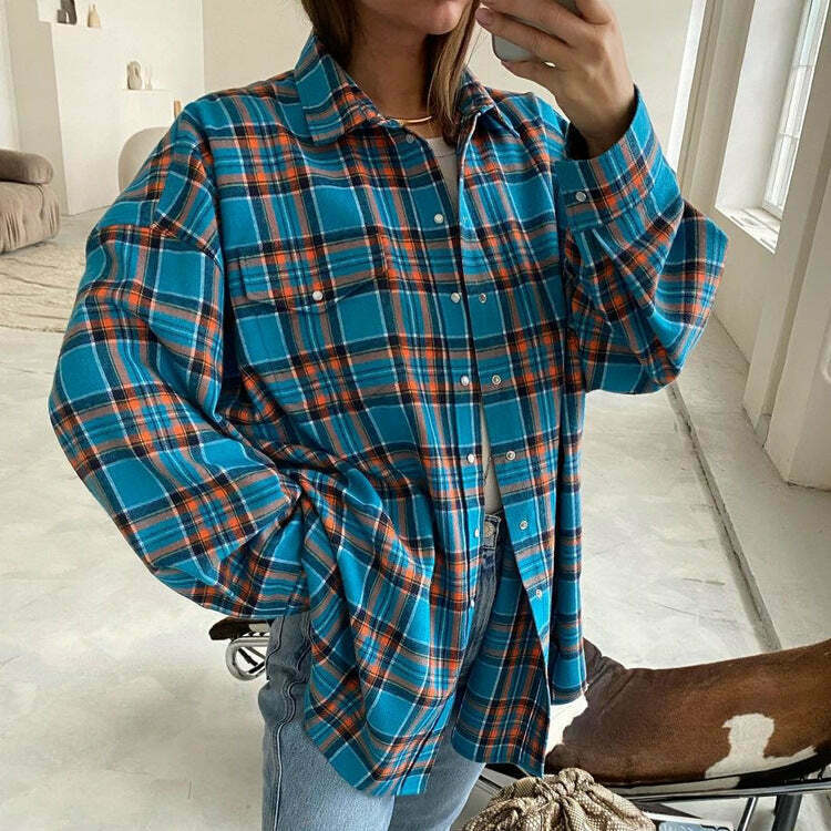 Coquette Aesthetic Loose Plaid Jacket Lapel Long-Sleeved Shirt for Women - Y2K Fashion Grunge Style