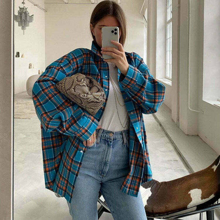 Coquette Aesthetic Loose Plaid Jacket Lapel Long-Sleeved Shirt for Women - Y2K Fashion Grunge Style