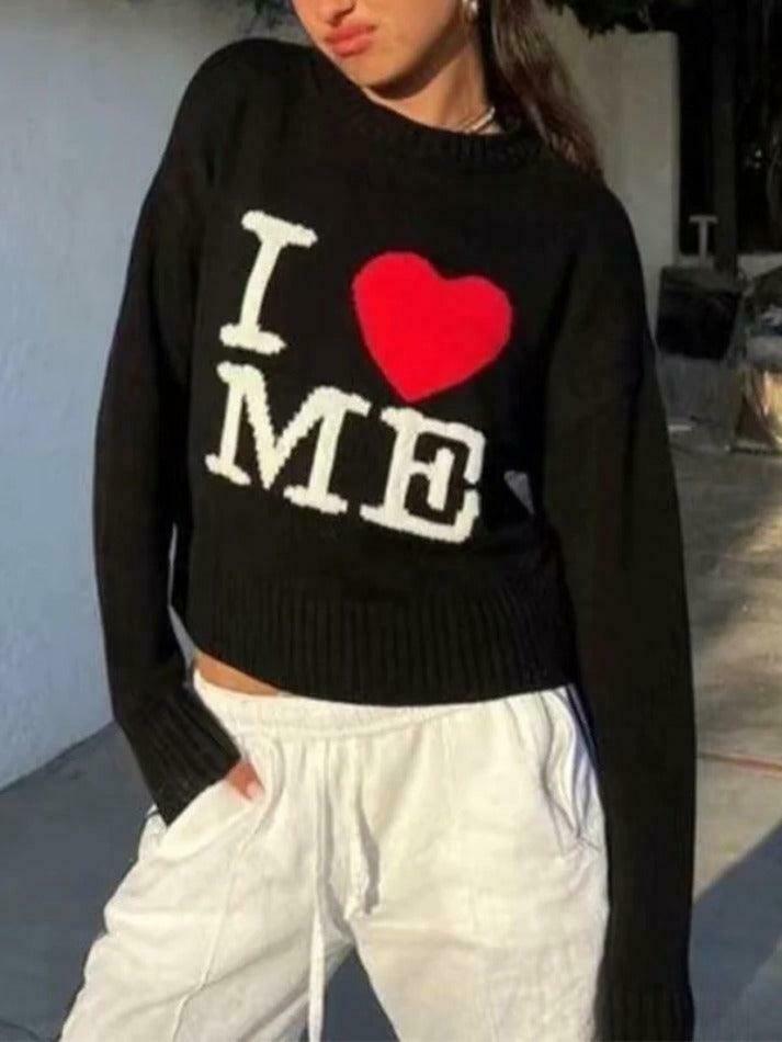 Coquette Aesthetic Love Me Black Pullover Sweater - Y2K Fashion Grunge Style Cute Tops