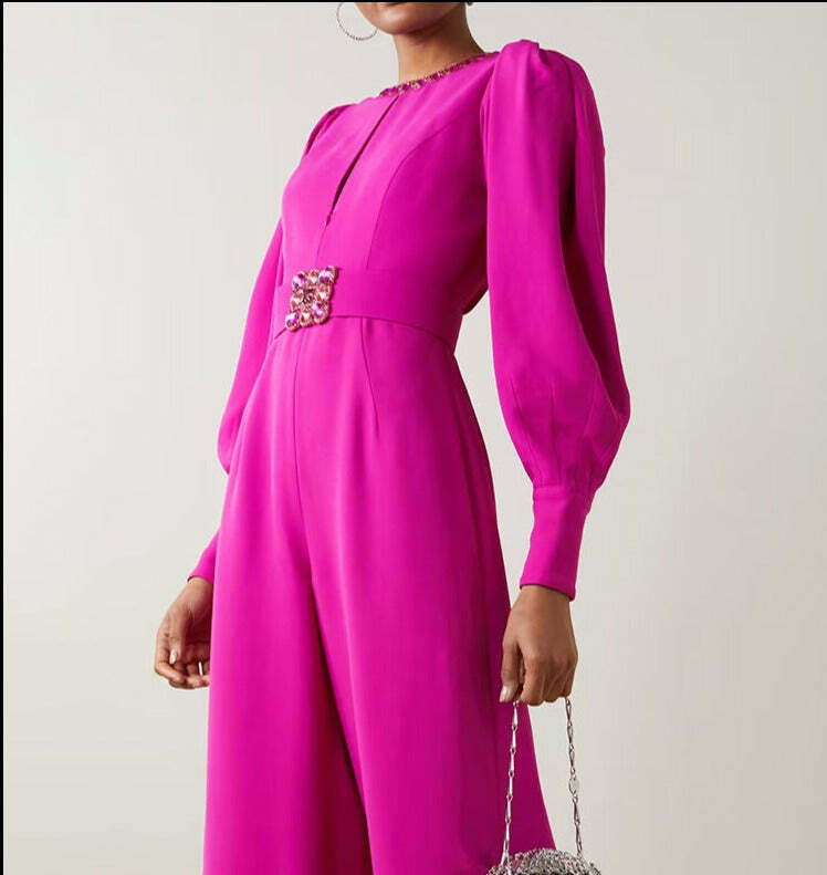 Coquette Aesthetic Magenta Voluminous Sleeves Crepe Jumpsuit - Y2K Fashion Statement