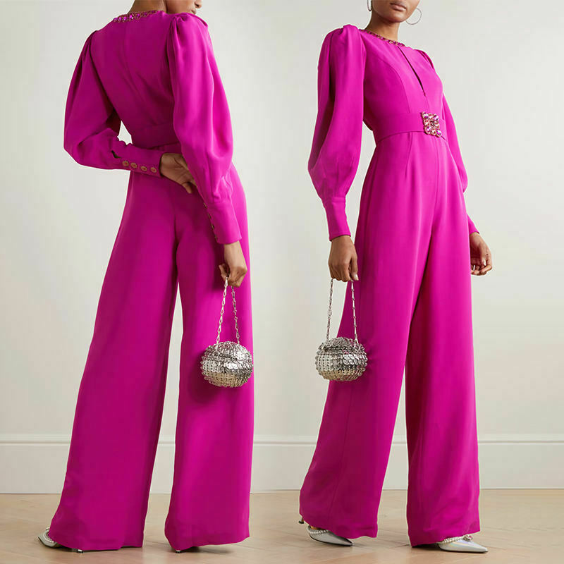 Coquette Aesthetic Magenta Voluminous Sleeves Crepe Jumpsuit - Y2K Fashion Statement
