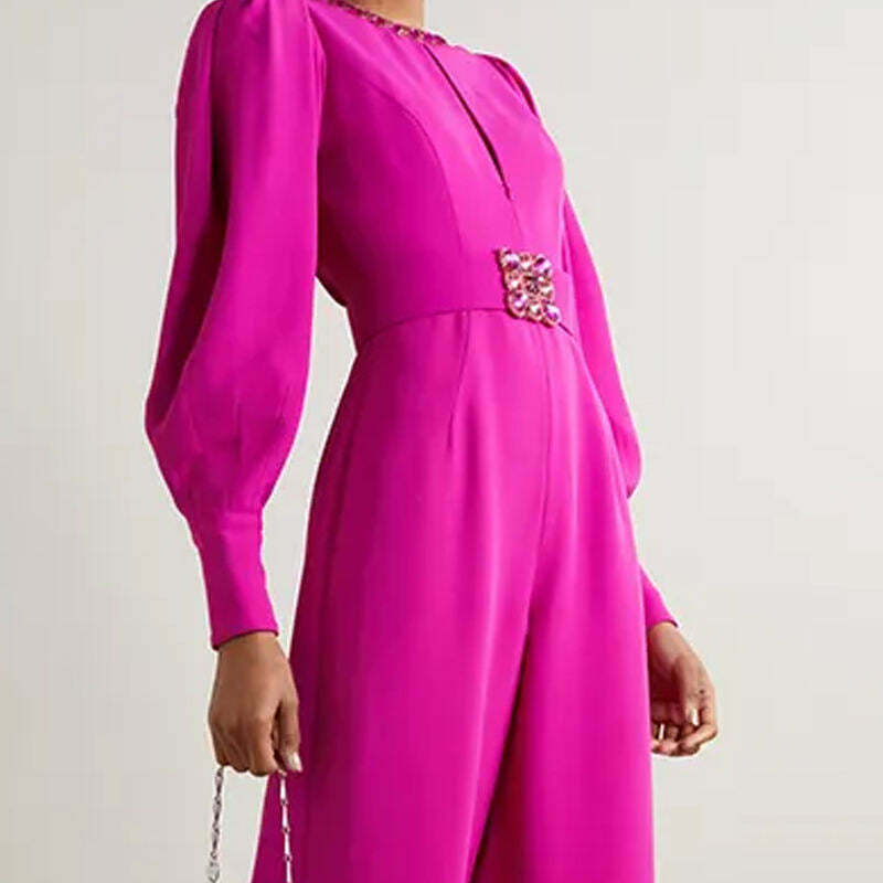 Coquette Aesthetic Magenta Voluminous Sleeves Crepe Jumpsuit - Y2K Fashion Statement