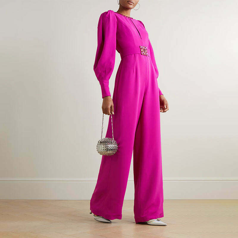 Coquette Aesthetic Magenta Voluminous Sleeves Crepe Jumpsuit - Y2K Fashion Statement