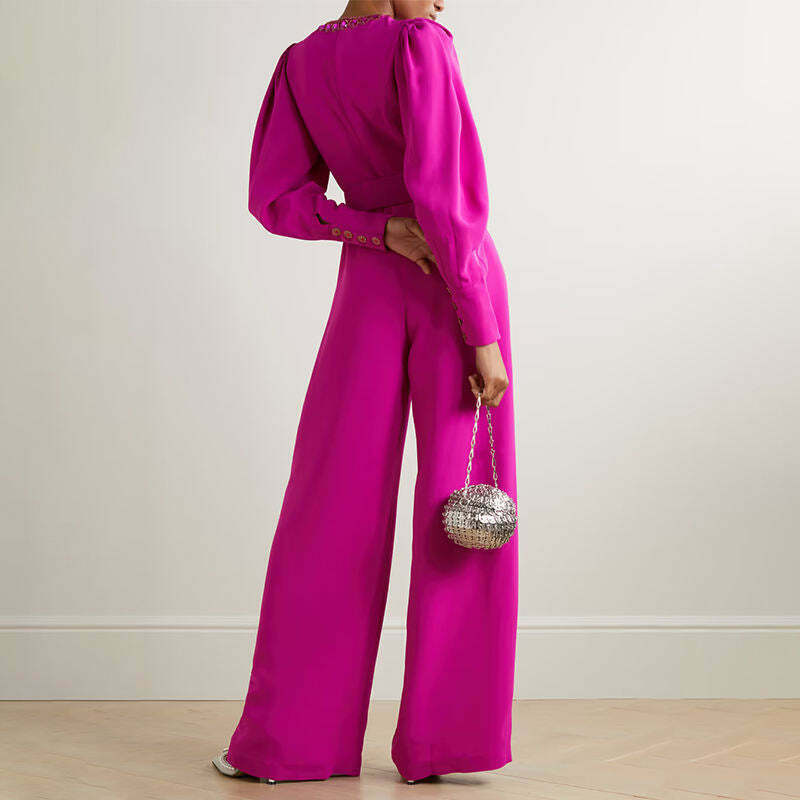 Coquette Aesthetic Magenta Voluminous Sleeves Crepe Jumpsuit - Y2K Fashion Statement