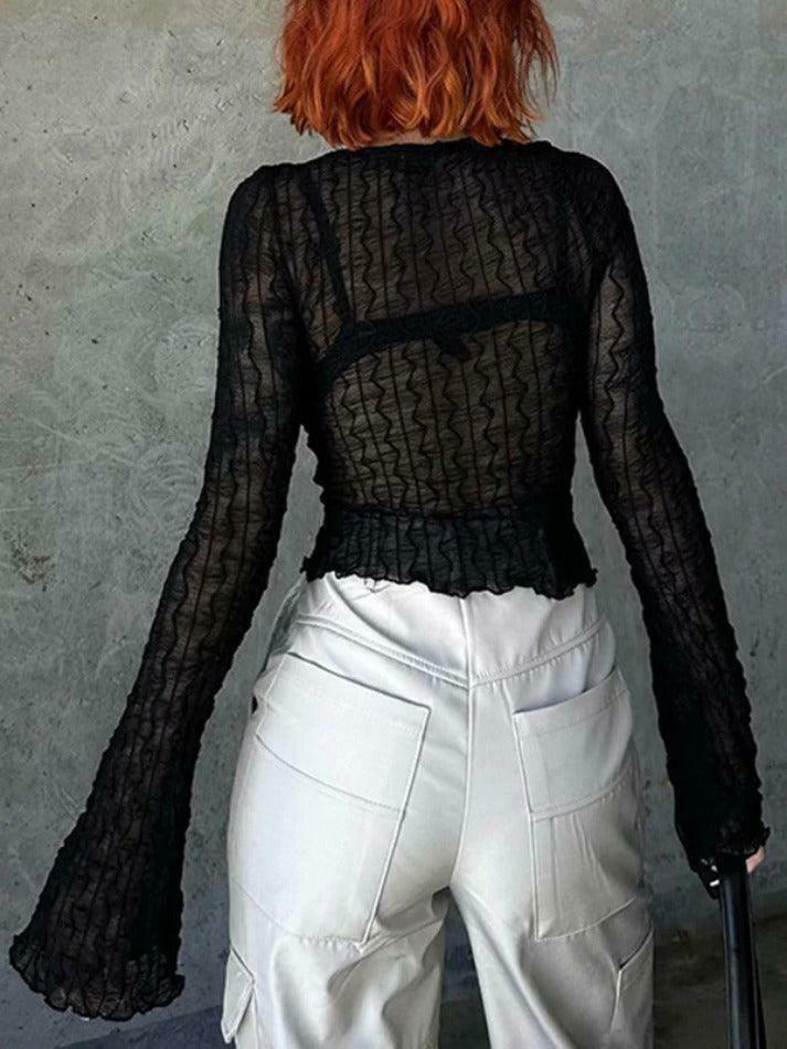 Coquette Aesthetic Mesh Lace-Up Blouse: Y2K Fashion with Grunge Twist