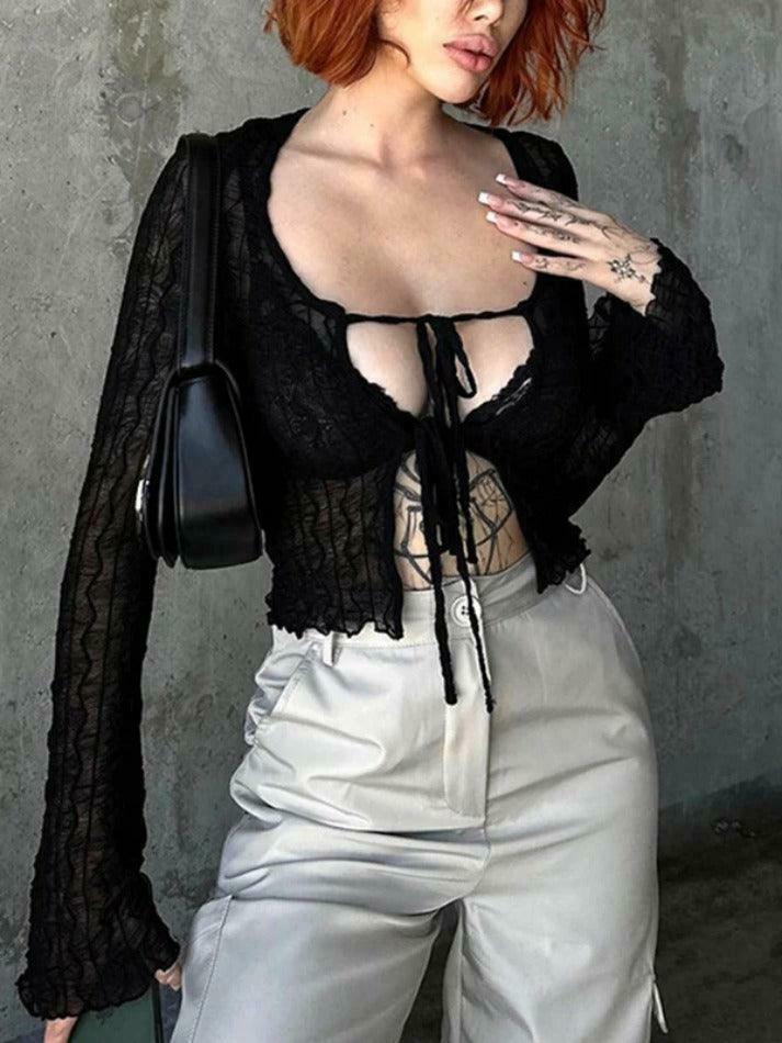 Coquette Aesthetic Mesh Lace-Up Blouse: Y2K Fashion with Grunge Twist