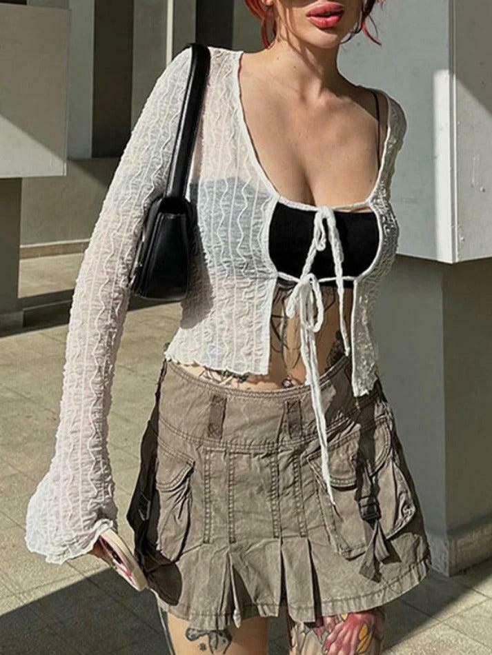 Coquette Aesthetic Mesh Lace-Up Blouse: Y2K Fashion with Grunge Twist