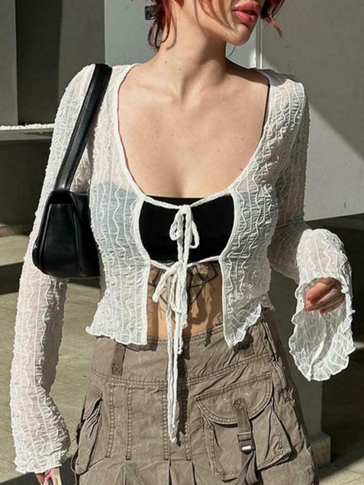 Coquette Aesthetic Mesh Lace-Up Blouse: Y2K Fashion with Grunge Twist