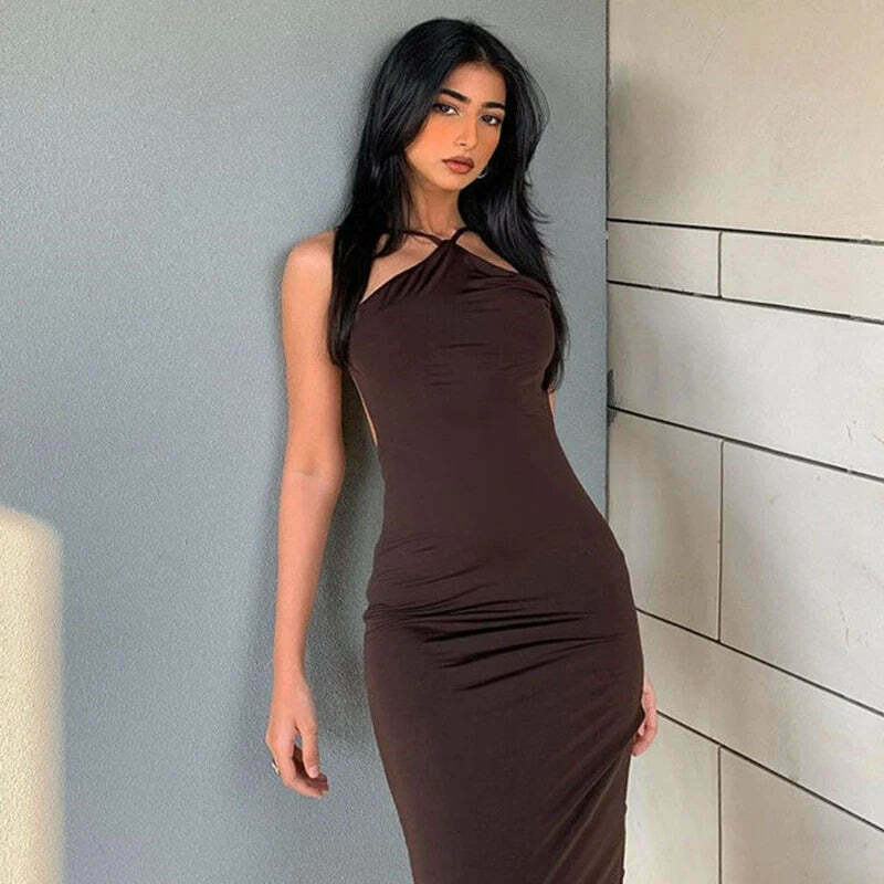 Coquette Aesthetic Mocha Backless Midi Dress - Y2K Fashion Women's Clothing