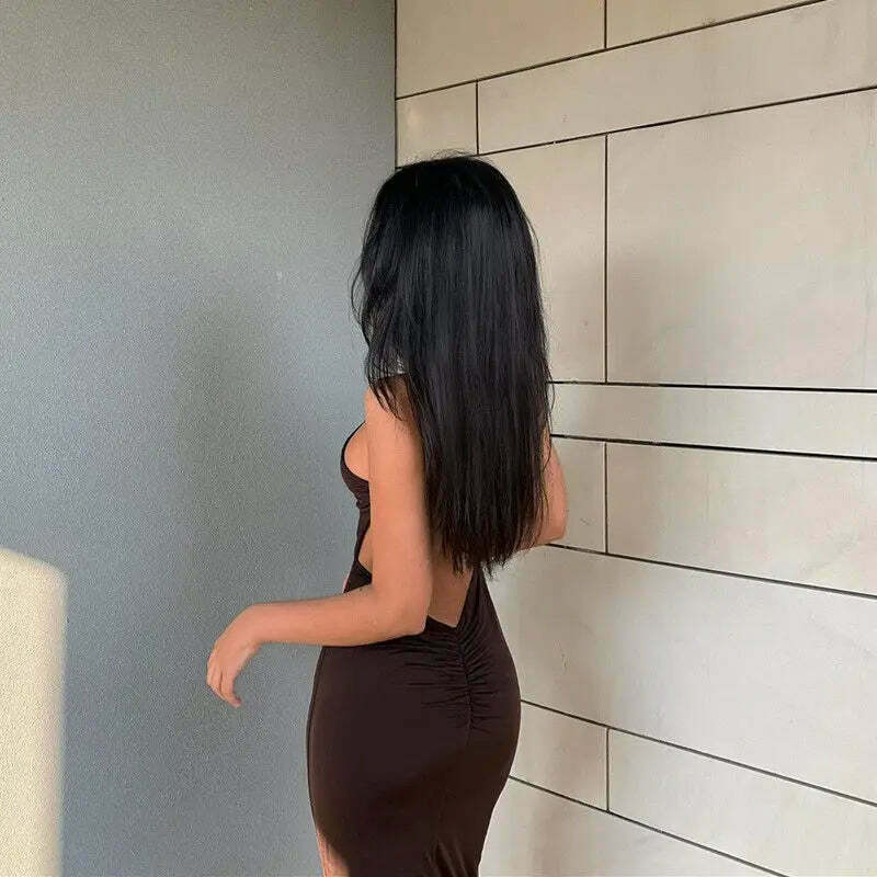 Coquette Aesthetic Mocha Backless Midi Dress - Y2K Fashion Women's Clothing