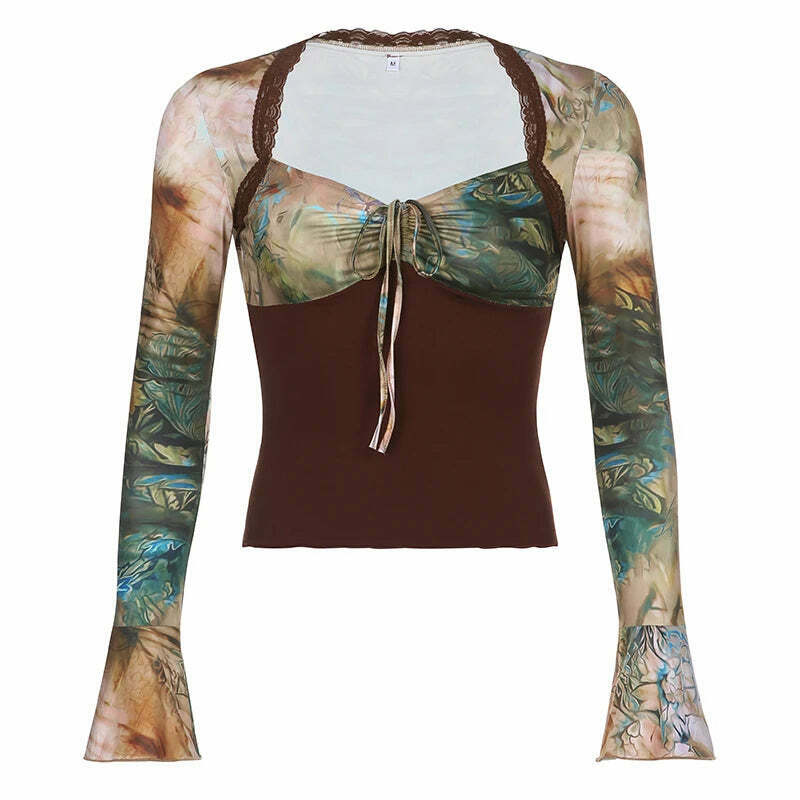 Coquette Aesthetic Mocha Mesh Top: Y2K Fashion, Grunge Style, Cute Tops & Aesthetic Pictures