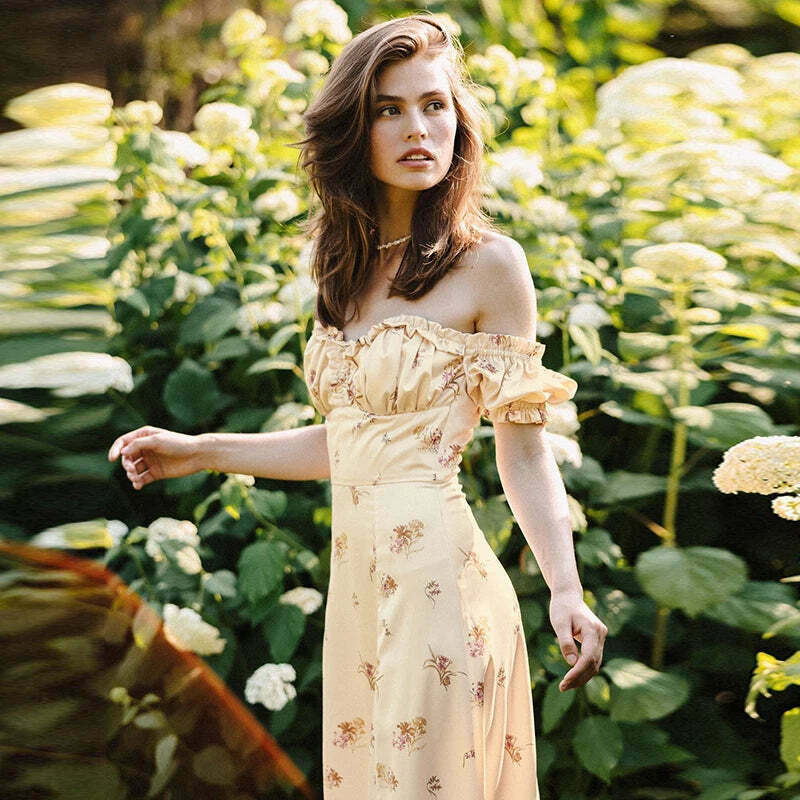 Coquette Aesthetic Off-Shoulder Dress: Y2K Fashion with Rural Radiance Charm