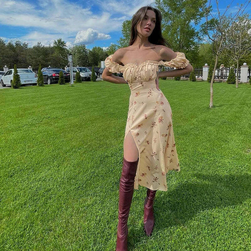 Coquette Aesthetic Off-Shoulder Dress: Y2K Fashion with Rural Radiance Charm