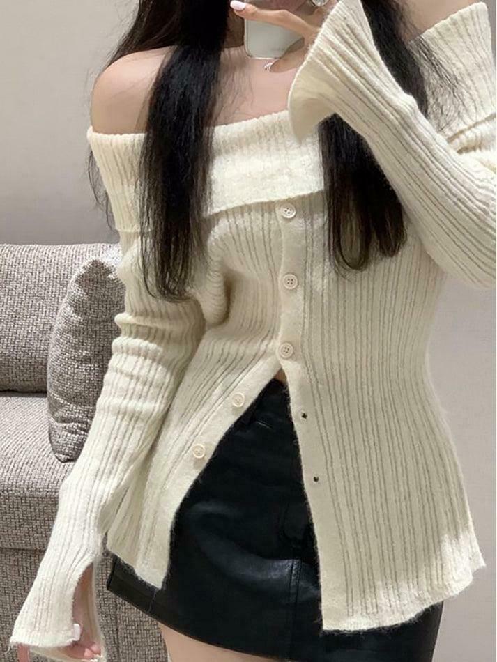 Coquette Aesthetic Off-Shoulder Sweater - Y2K Fashion Grunge Style Cute Tops & Cargo Skirt