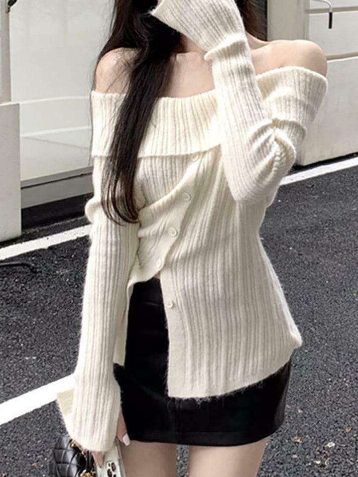 Coquette Aesthetic Off-Shoulder Sweater - Y2K Fashion Grunge Style Cute Tops & Cargo Skirt