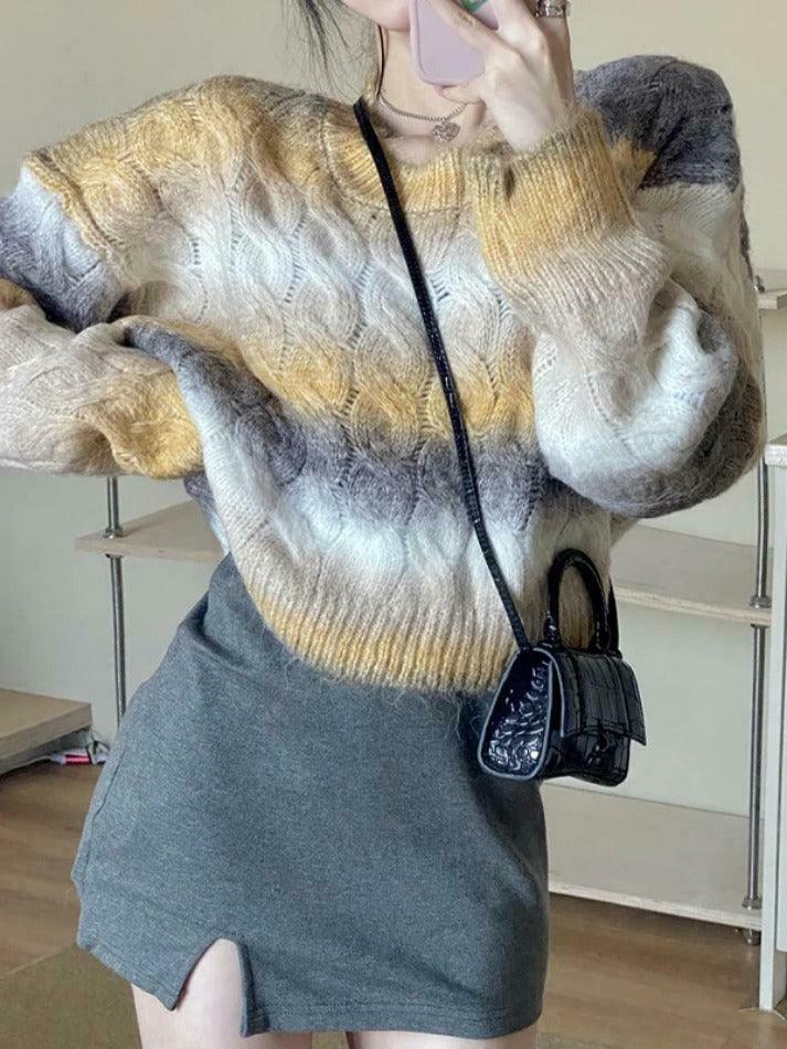 Coquette Aesthetic Ombre Cable Knit Short Sweater - Y2K Fashion Women's Fall Sweater