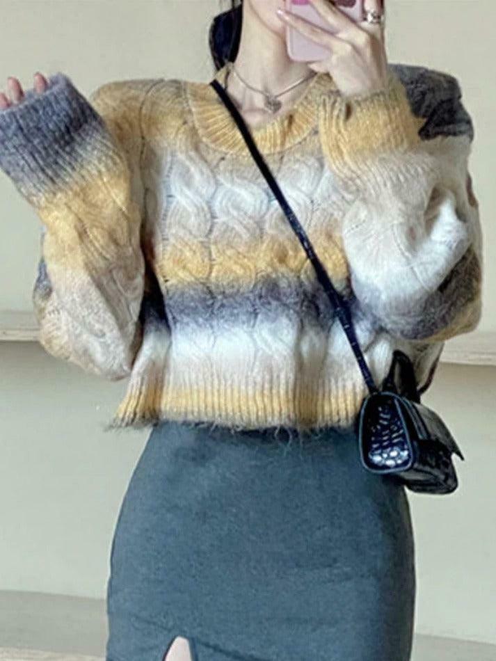 Coquette Aesthetic Ombre Cable Knit Short Sweater - Y2K Fashion Women's Fall Sweater
