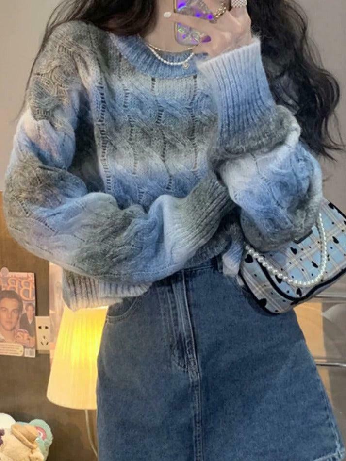 Coquette Aesthetic Ombre Cable Knit Short Sweater - Y2K Fashion Women's Fall Sweater