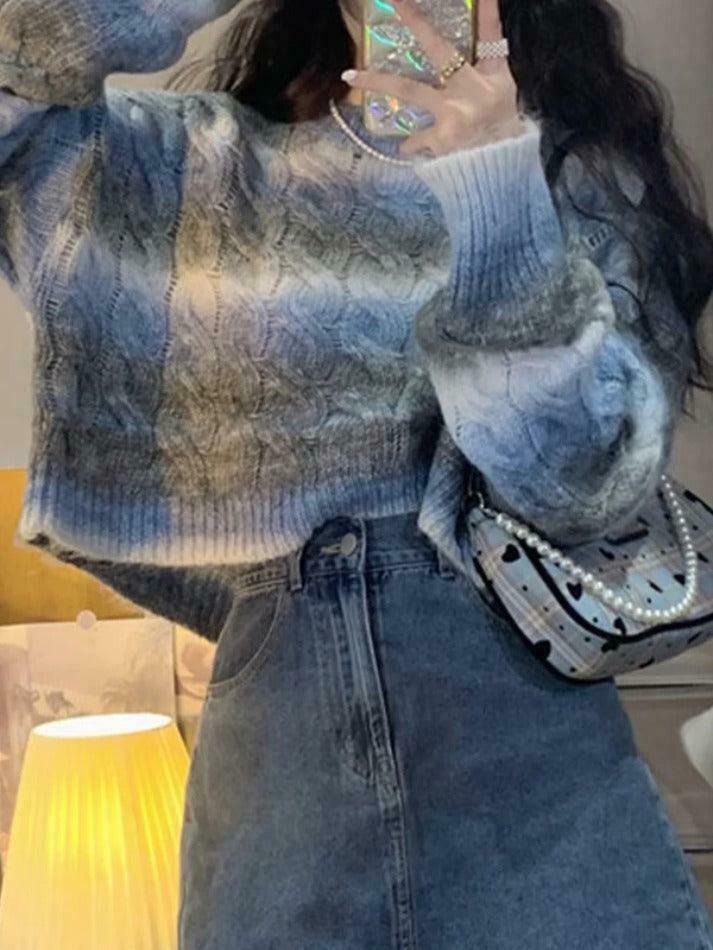 Coquette Aesthetic Ombre Cable Knit Short Sweater - Y2K Fashion Women's Fall Sweater
