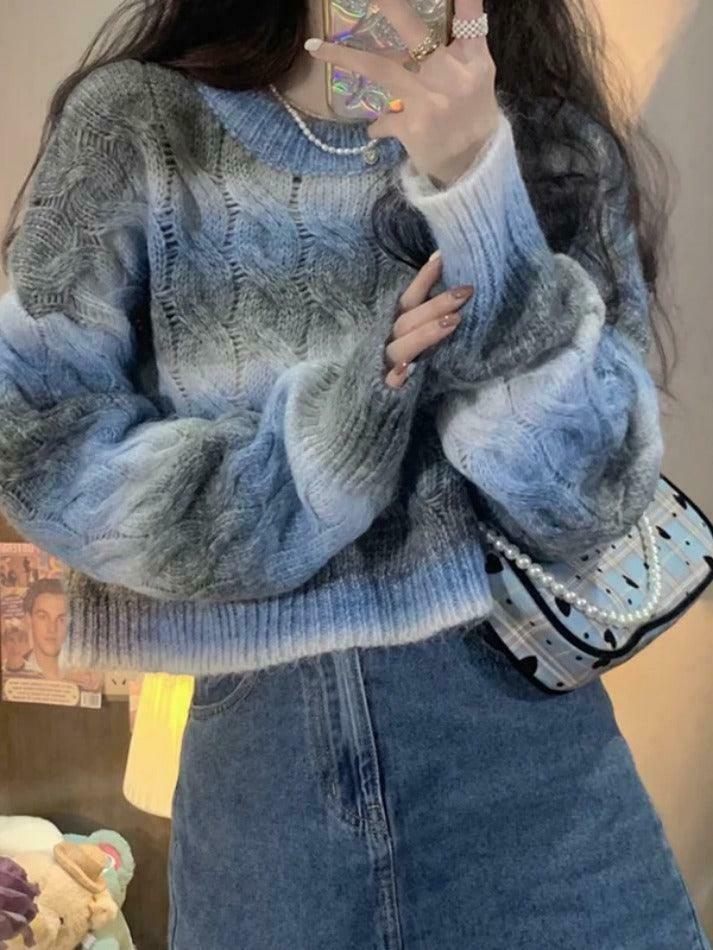 Coquette Aesthetic Ombre Cable Knit Short Sweater - Y2K Fashion Women's Fall Sweater