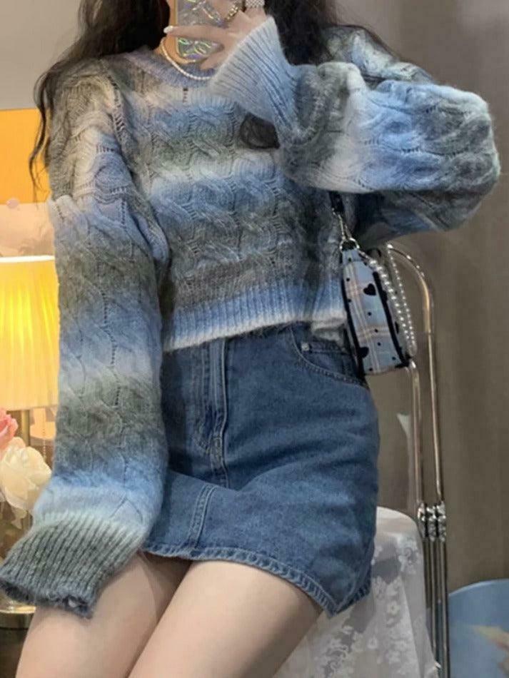 Coquette Aesthetic Ombre Cable Knit Short Sweater - Y2K Fashion Women's Fall Sweater