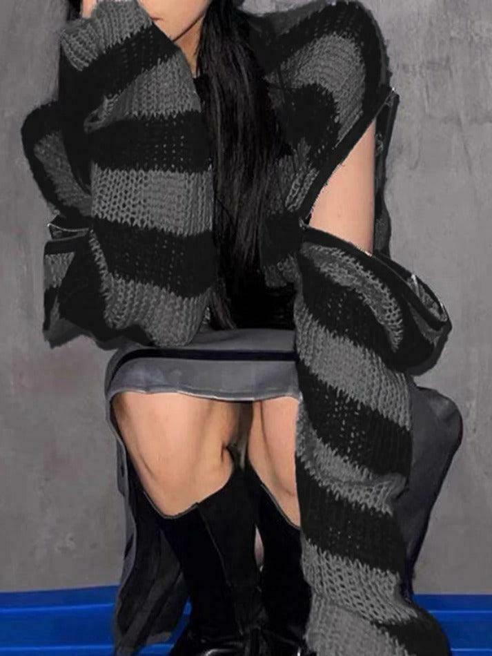 Coquette Aesthetic Oversize Stripe Knit Sweater with Removable Sleeves